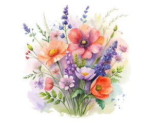 Wildflower Watercolor Bouquet with Lavender, Daisies, and Poppies
