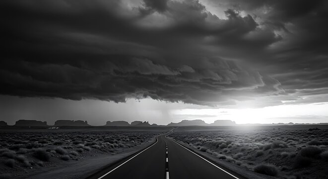 A solitary road stretches through a vast desert landscape under a powerful, dark, and stormy sky with a bright light on the horizon