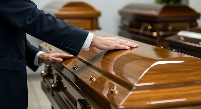 A mourner's hand resting gently on a highly polished wooden casket during a solemn funeral service, symbolizing final farewell and grief