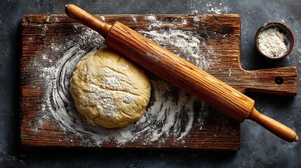 Rolled dough on a floured wooden board with rustic texture and spacious clean center for recipe text overlay, perfect for baking, pastry, bread making, homemade cooking inspiration.
