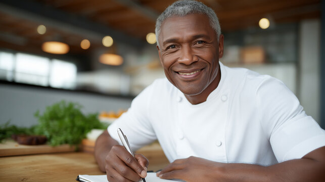 A retired chef teaches a cooking class in a rustic kitchen with fresh herbs chopping boards and eager students taking notes depicted in a flavorful photo with ingredient