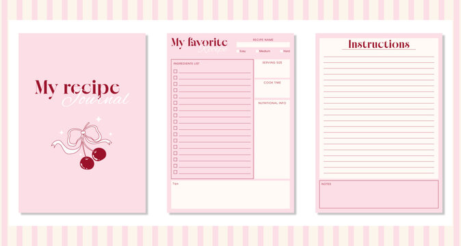 Cute pink recipe journal template. Trendy printable cooking planner with ingredients, instructions and note pages.Cookbook Y2k style. Vector illustration