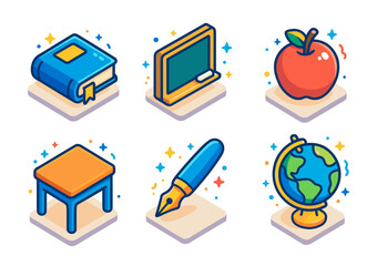 Colorful school icons book, blackboard, apple, desk, pen, globe for education themes