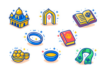 Colorful sikh symbols gurdwara, khanda, and sacred texts icons