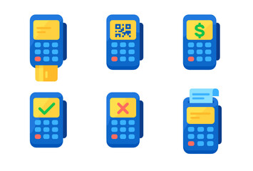 Set of digital payment terminals with various transaction icons