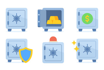 Set of six secure safes with gold bars, money symbols, and shield icons