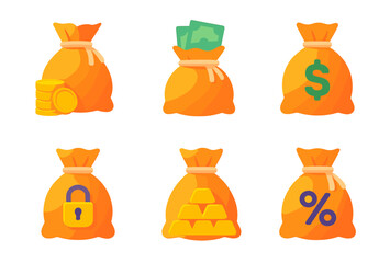 Six cartoon money bags with coins, cash, dollar sign, lock, gold bars, and percentage symbol