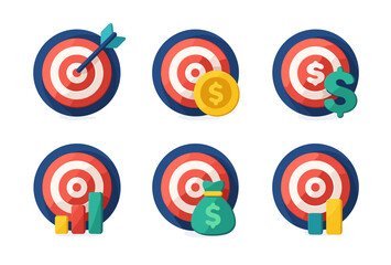 Target icons with bullseye, arrow, currency signs, graphs, and money bag illustrations