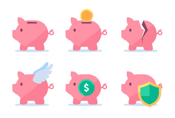  Six pink piggy banks showcasing savings, investment, loss, growth, and protection concepts