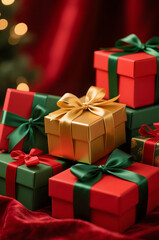 Fototapeta premium Red and Green Gift Boxes with Ribbons