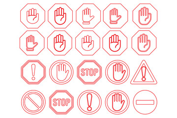Set stop red sign icon with white hand, do not enter. Warning stop sign - stock vector