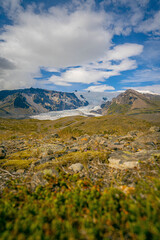 Fototapeta premium Glacier stretching between volcanic mountain ridges with mossy tundra in the foreground under a partly cloudy sky in Iceland