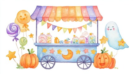 Fototapeta premium Whimsical Watercolor of Kawaii Halloween Candy Cart with Happy Ghost Vendor and Pumpkin Signage Shape on White Background