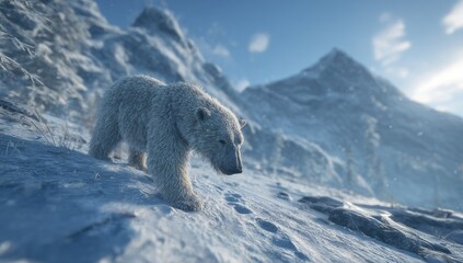 Obraz premium Polar bear on snowy mountain slope