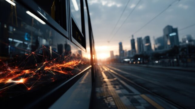 Smart Transit Panel with Glowing 3D Network in Urban Setting