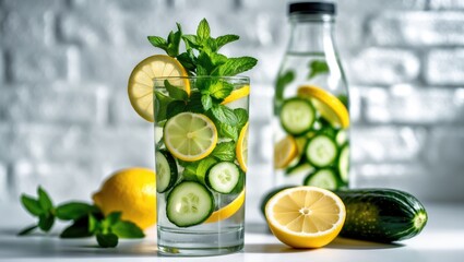 Fototapeta premium A refreshing cucumber, lemon, and mint infused water with slices of lemon and cucumber, alongside fresh lemon and cucumber on a white surface.
