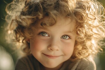 A child with bright curly hair and big eyes beams with innocent joy. The soft sunlight creates a warm, magical atmosphere, highlighting their cheerful expression