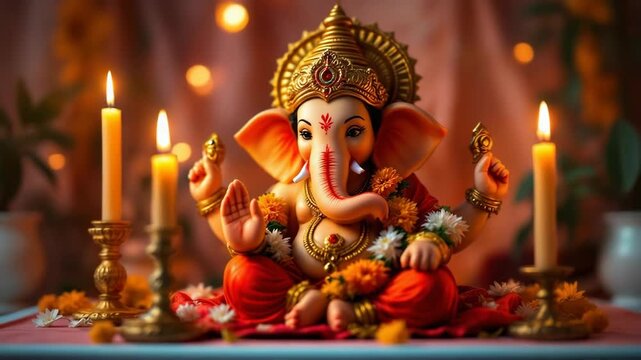 Divine lord ganesha idol illuminated by soft candlelight for sankashti chaturthi vighnaraja puja with bappa morya blessings
