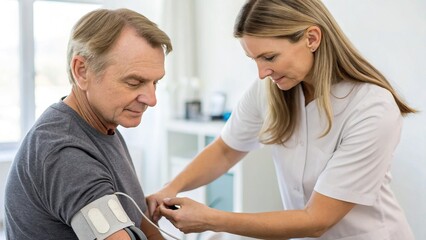 Neurology injury support. A healthcare professional takes a blood pressure reading from an elderly man in a clinical setting