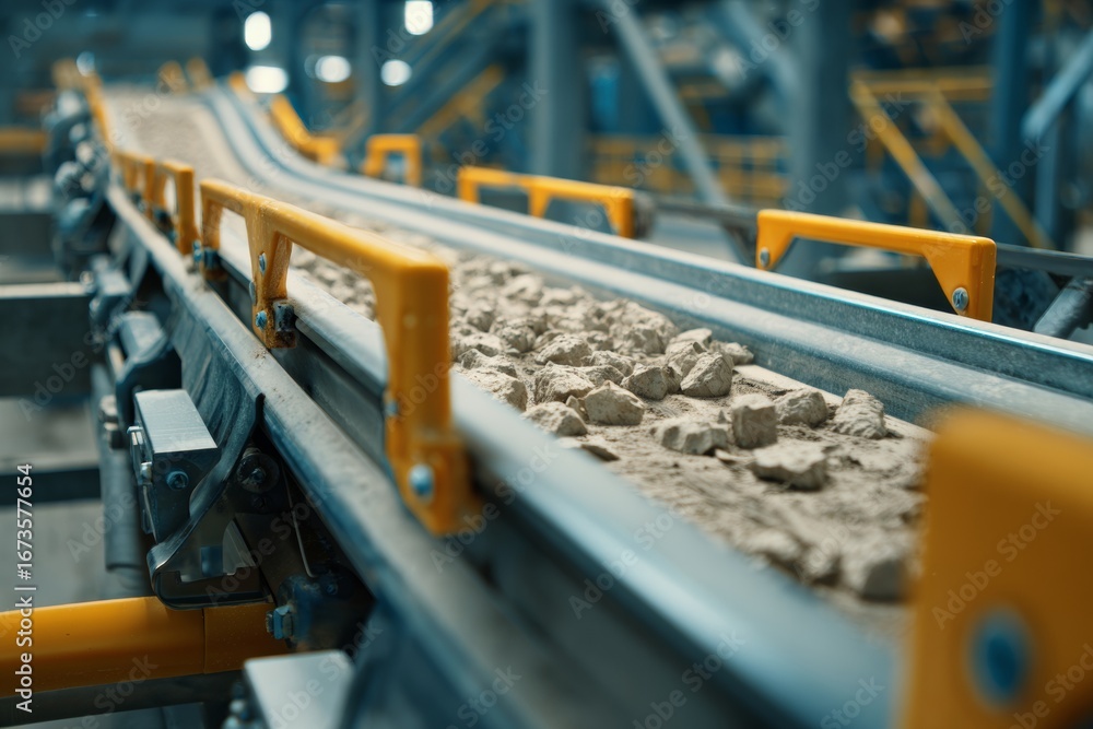 Poster conveyor belt continually moves raw materials through a factory, showcasing precise mechanisms that 