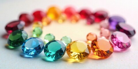A vibrant collection of faceted gemstones arranged in a circular pattern, showcasing a spectrum of dazzling colors and shimmering brilliance