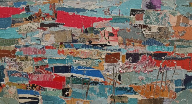 Dynamic abstract composition featuring a patchwork of colorful textures