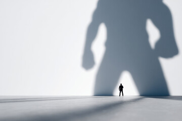 Small person's shadow casting a giant figure on the wall, concept of ambition, self-esteem, and hidden potential