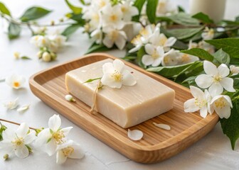 Soothing cleanse with a beige soap bar on a bamboo plate surrounded by blooming jasmine flowers in a relaxing environment