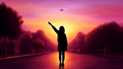 Silhouette person waves at airplane during vibrant sunset this beautiful scene symbolizes travel freedom dreams hope new beginnings journey adventure farewell hello wanderlust emotion future ambition
