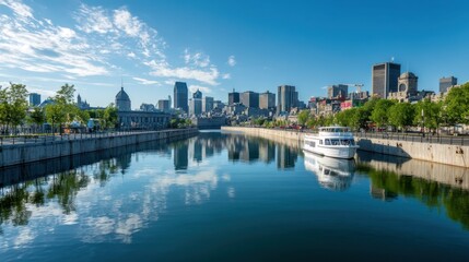 Obraz premium Montreal cityscape on a sunny day reflecting in the canal. Beautiful city skyline for travel concept.