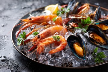 Platter displays an assortment of fresh seafood, including juicy shrimp, tender crab, and plump mussels, beautifully arranged on crushed ice. Bright garnishes enhance the appeal