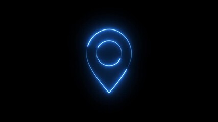 glowing neon blue color location sign icon animation  global navigation pointer position travel direction map address tracking information place searching sign symbol on black background	