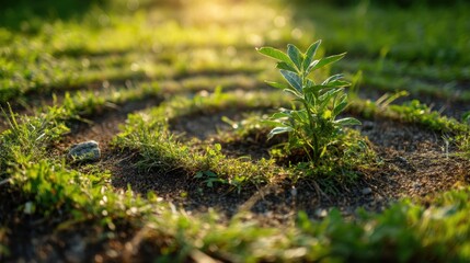 Young green plant glowing in light, growth concept with a circular path on dirt for nature revival or environmental awareness.