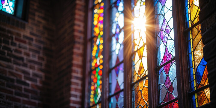 Sunbeams illuminating colorful stained glass windows in a brick building church