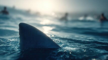 Shark fin in dark blue water. Danger concept. Animal attack on ocean. Marine predator in sea. Risk to safety.