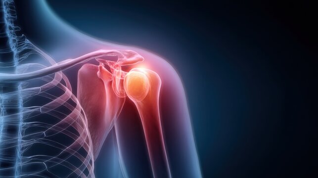 A glowing human shoulder skeleton and rib cage in red represents pain and inflammation. An anatomical conceptual illustration for medical study.