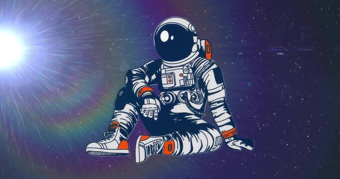 After start astronaut floating in starfield lifting right hand toward visor showing zero gravity