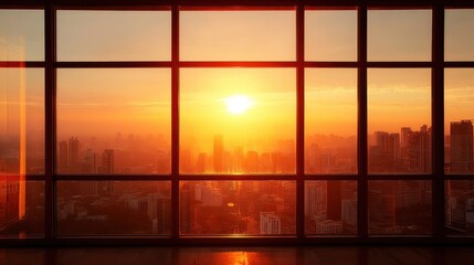 Fototapeta premium Sunlight through large panoramic window overlooking urban cityscape. Sunset view from high rise building for real estate or travel.