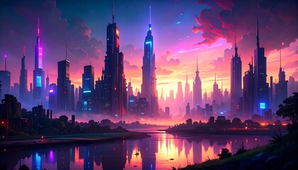 Obraz premium Futuristic cityscape at dawn