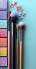 Makeup brushes and colorful eyeshadow palettes on a pastel teal background.  Small pink flower decorations and decorative beads are also present