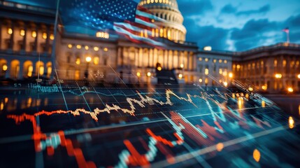Stock market graph overlaid on a building with american flag. Concept of financial data analysis and economic statistics.