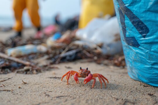 Bright red crab crawls across sand on polluted beach surrounded by trash while people work to clean up the area. Sunlight highlights the environmental issue