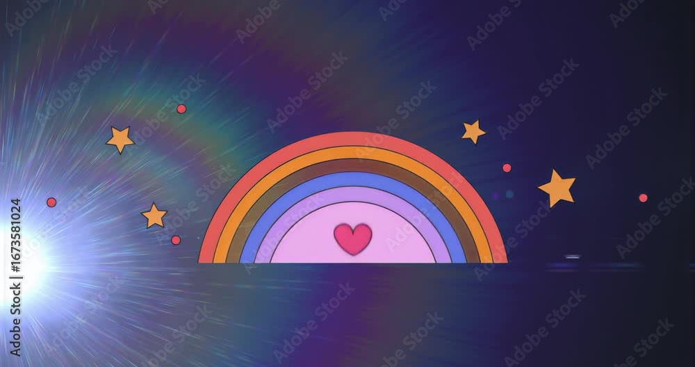 Poster heart appearing at rainbow base, heart rising and descending along arch creating rhythmic pulsing