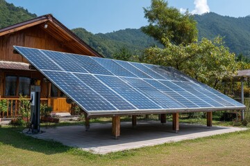 Close-up of a solar panel array situated next to a rural house, generating energy for an electric vehicle charging station installed conveniently in the driveway