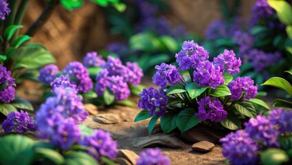 Obraz premium Clusters of purple flowers growing among rocks and green leaves.