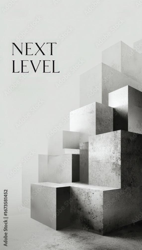 Poster grayscale promotional design with geometric blocks and text 