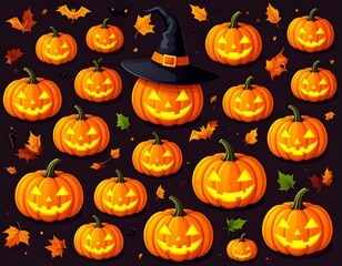 An autumn holiday background with scary carved jack-o'-lanterns on a dark pumpkin patch for a spooky Halloween celebration