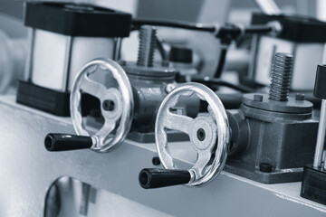 Control disk of metalworking machine with applied measuring ruler and control handle. metalworking...