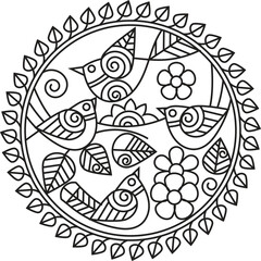 Indian Traditional and Cultural Rangoli, Alpona, Kolam, or Paisley vector line art.  tradition of the Bengal region, for textile printing, logo, and wallpaper	
