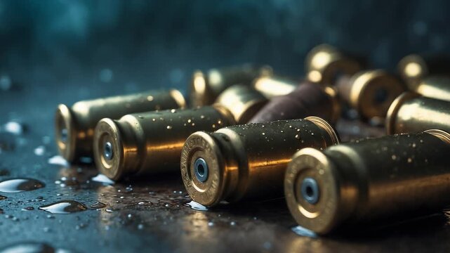 Scattered brass bullet casings on wet surface with water droplets closeup detail of ammunition shells after firearm discharge in dark setting
